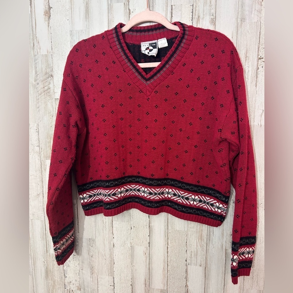 It’s Our Time Red Patterned V-Neck Sweater Vintage Style Size L Grandpa